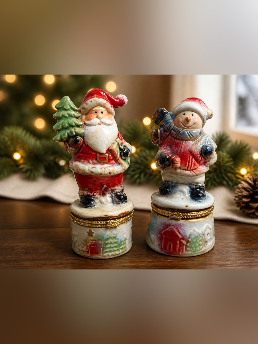 Vintage Christmas Ceramic Trinket Box Santa & Snowman Lot of 2